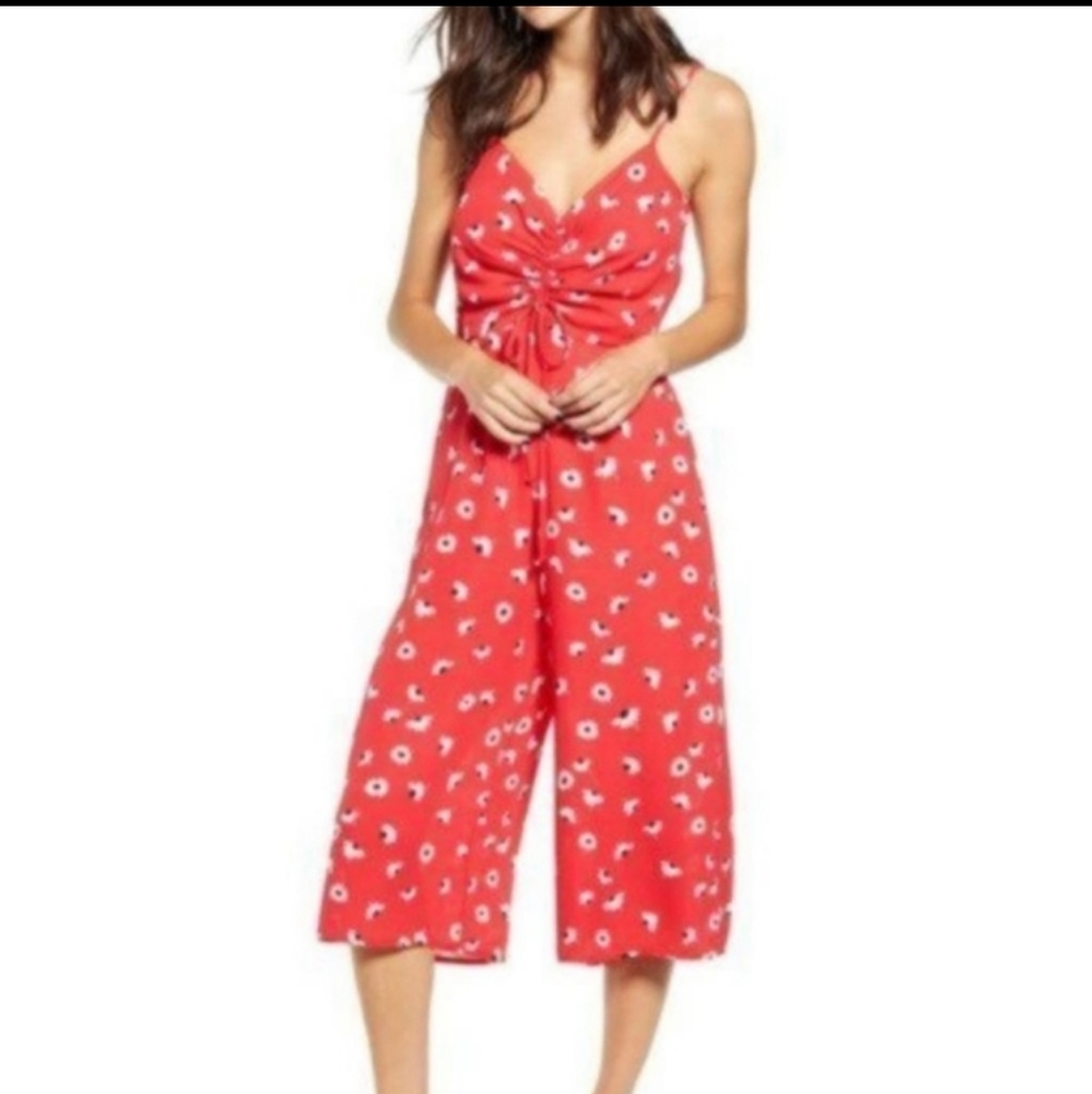 Red Floral Row A Ruched Wide-Leg Jumpsuit Size XL NWT